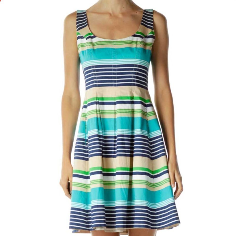 Nine West Blue Beige Striped Day Dress